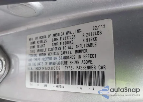 2012 Honda Accord 2.4 Lx z USA, uszkodzony, nr VIN 1HGCP2F37CA103132